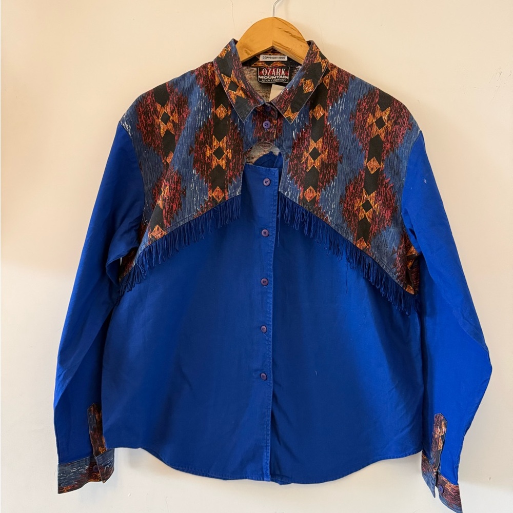 Women's Blue Fringe Western Button Down Shirt